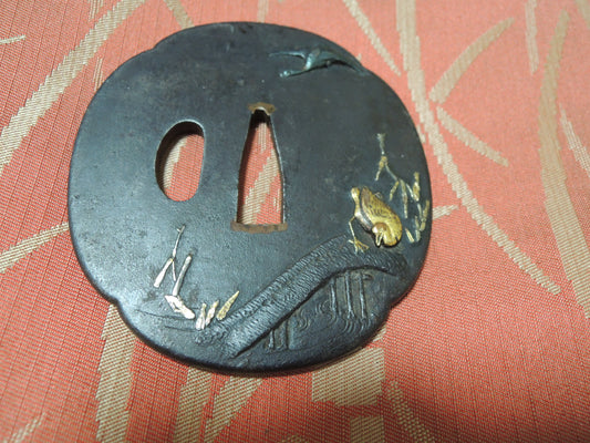Antique Iron Mokko Tsuba Japan Samurai katana Edo period Wild goose and River