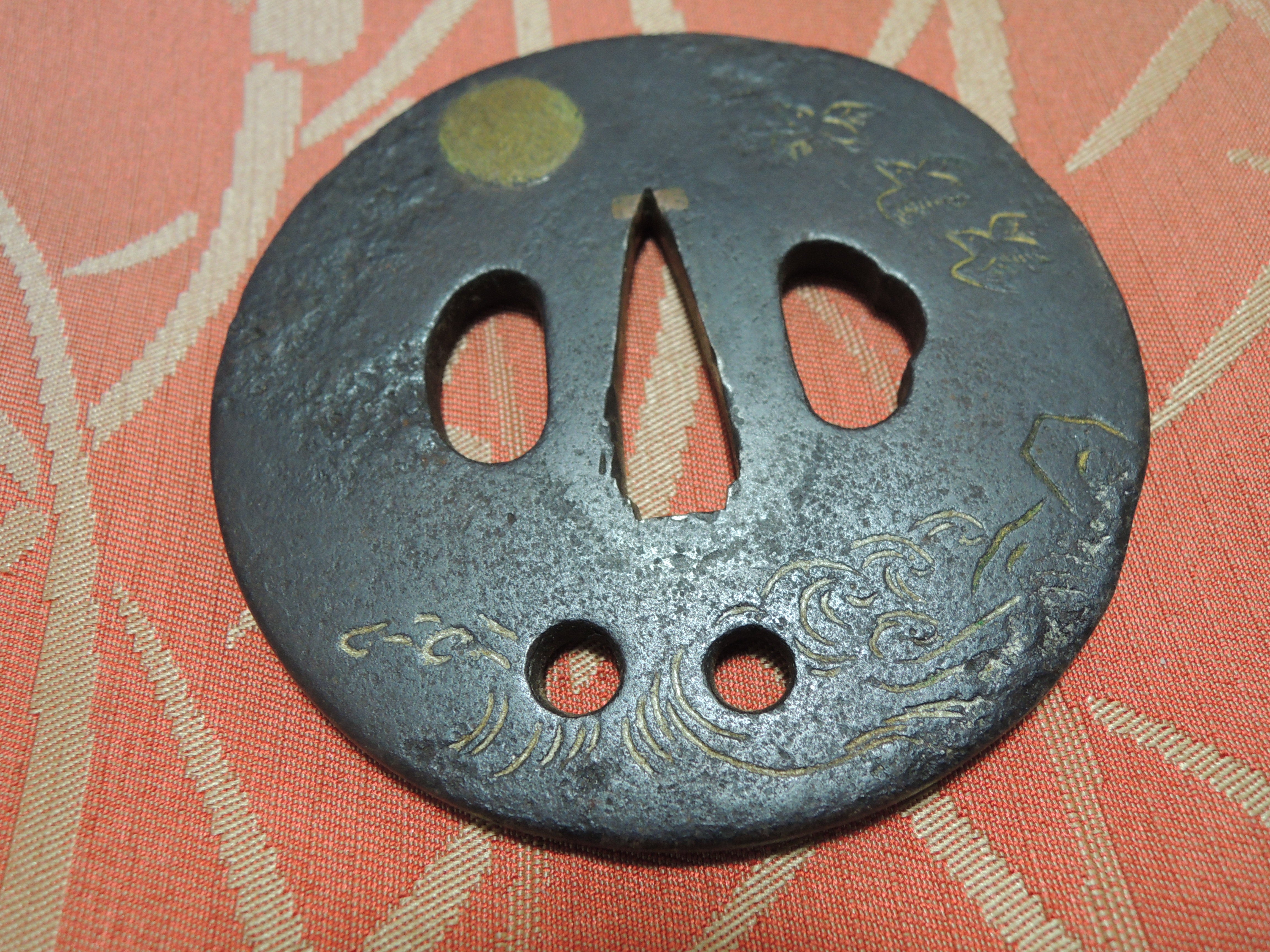 Seabi Antique Iron Tsuba Japan Samurai katana Edo period Full moon and seabi ...