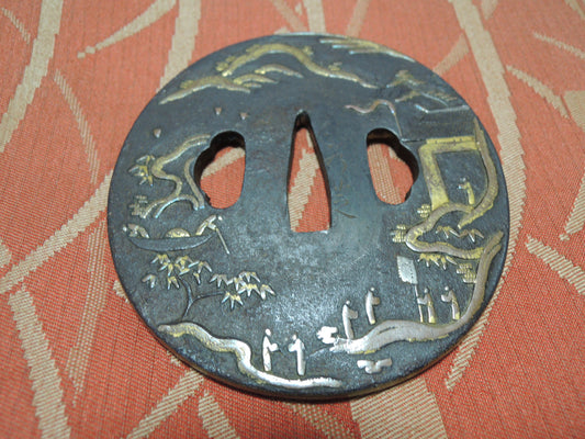 Antique Iron Tsuba Japan Samurai katana Edo period Mountain and River