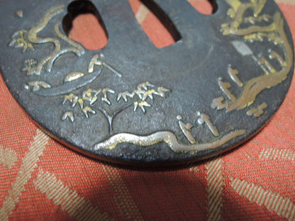 Antique Iron Tsuba Japan Samurai katana Edo period Mountain and River